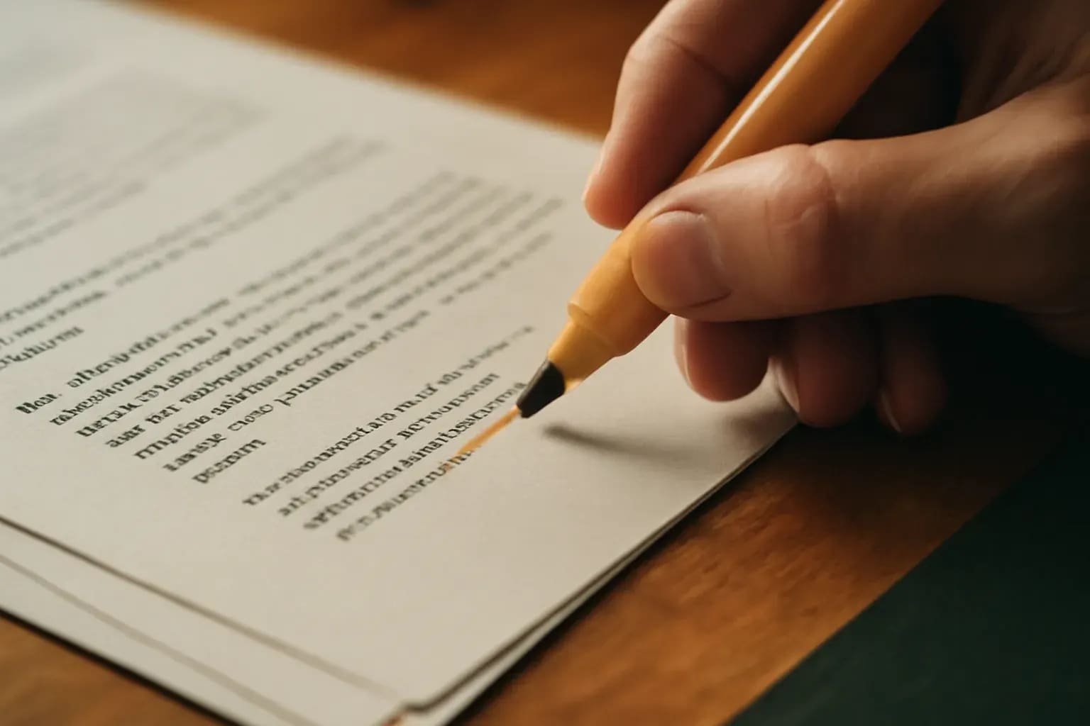 A hand marking corrections on a printed page with an ochre pen.