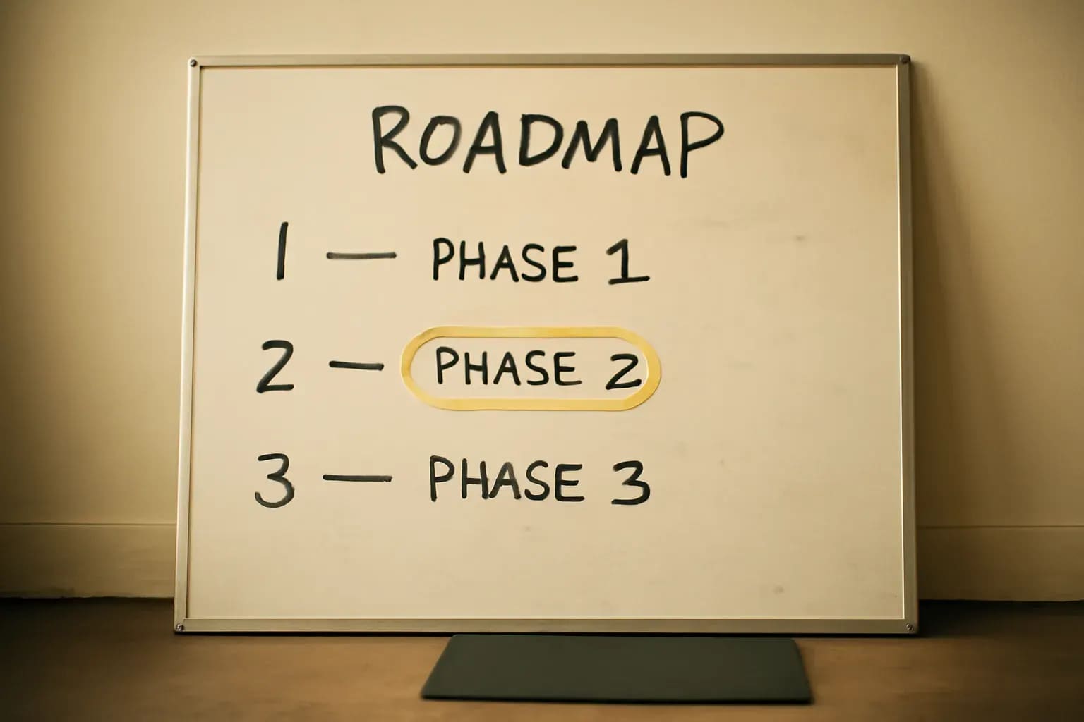 A prioritised roadmap sketched on a whiteboard with numbered priorities.